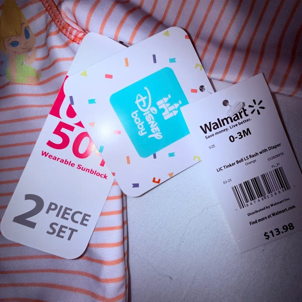 Disney Tinker Bell Rash Guard‎ Set Kids 0-3M Orange NEW Long Sleeve UPF 50+